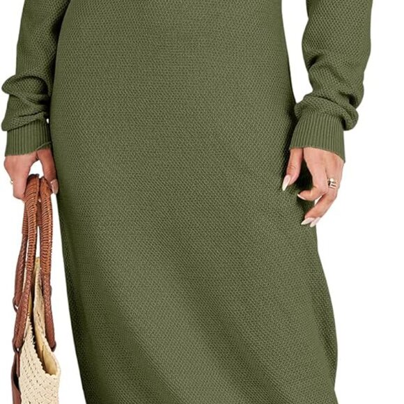 Women Long Sleeve Button V Neck Casual Loose Fit Waffle Knit Dress Green - Picture 8 of 8